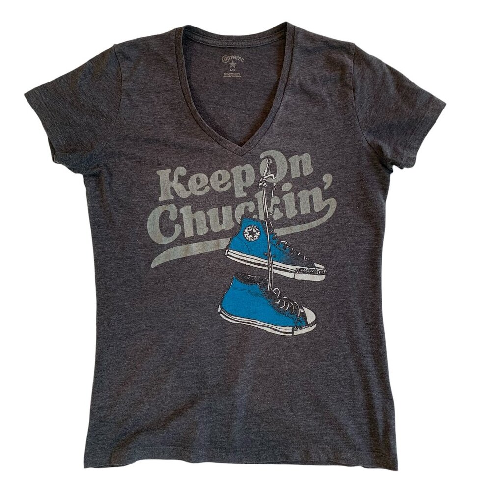 Converse Sneakers Graphic V Neck Women's T shirt Keep on Chuckin' | Gray & Blue